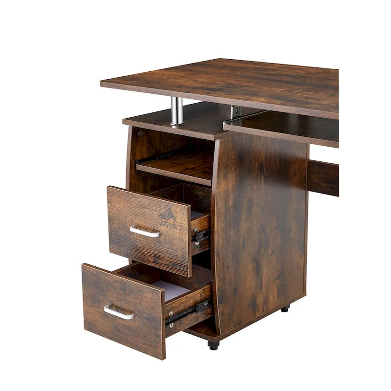 Rustic Brown Curved Computer Desk with Keyboard Tray Drawers and Monitor Shelf