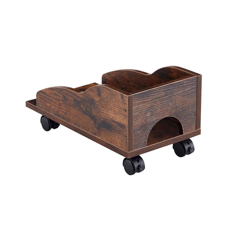 Rustic Brown Curved Computer Desk with Keyboard Tray Drawers and Monitor Shelf