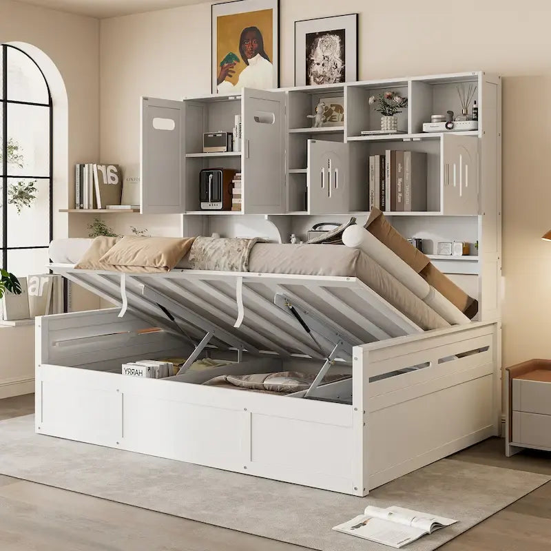 White Wooden Daybed with Hydraulic Lift Storage and Built-In Cabinet Shelf