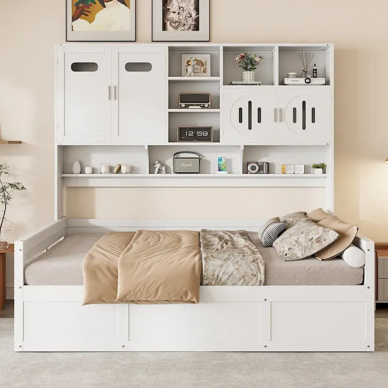 White Wooden Daybed with Hydraulic Lift Storage and Built-In Cabinet Shelf