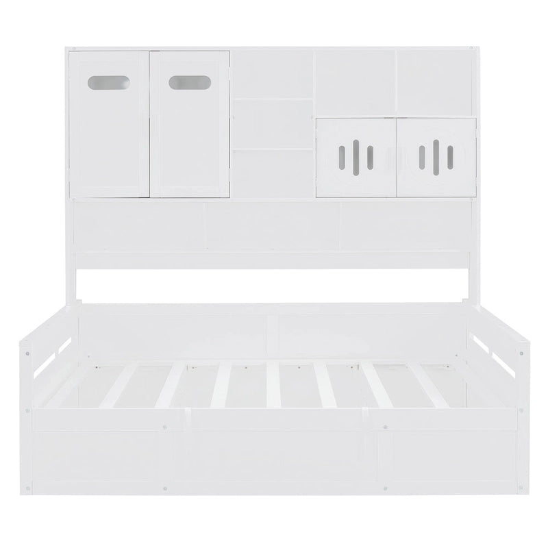 White Wooden Daybed with Hydraulic Lift Storage and Built-In Cabinet Shelf