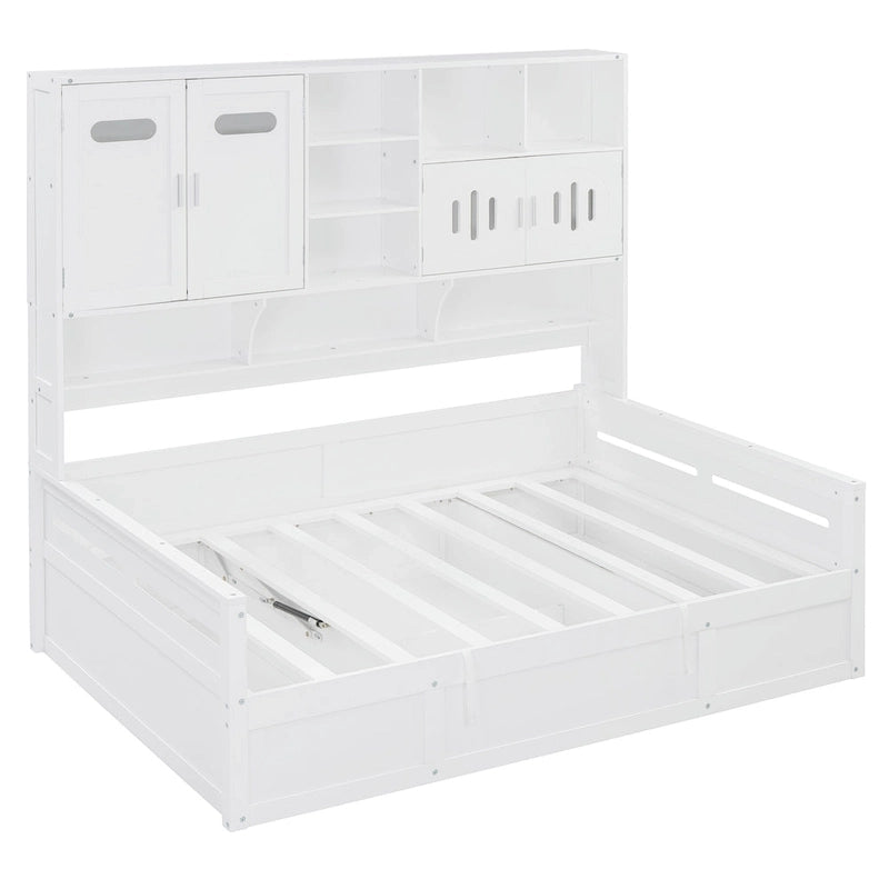 White Wooden Daybed with Hydraulic Lift Storage and Built-In Cabinet Shelf