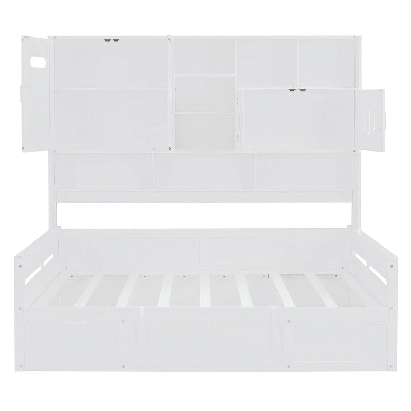 White Wooden Daybed with Hydraulic Lift Storage and Built-In Cabinet Shelf