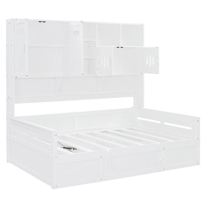 White Wooden Daybed with Hydraulic Lift Storage and Built-In Cabinet Shelf