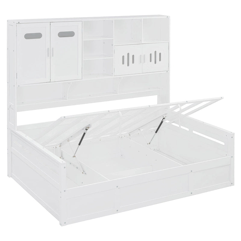 White Wooden Daybed with Hydraulic Lift Storage and Built-In Cabinet Shelf