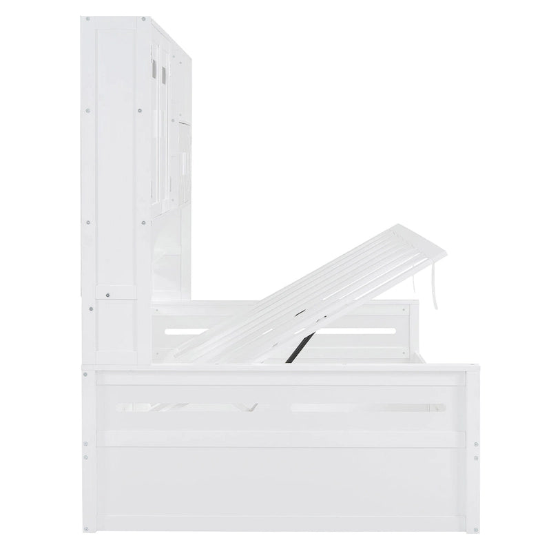 White Wooden Daybed with Hydraulic Lift Storage and Built-In Cabinet Shelf
