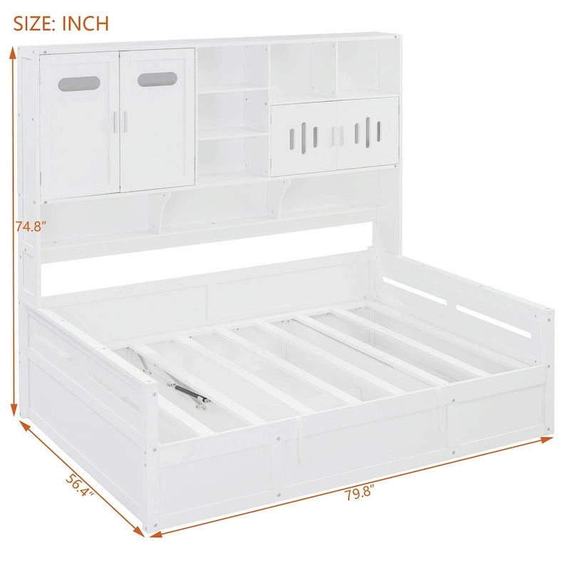White Wooden Daybed with Hydraulic Lift Storage and Built-In Cabinet Shelf