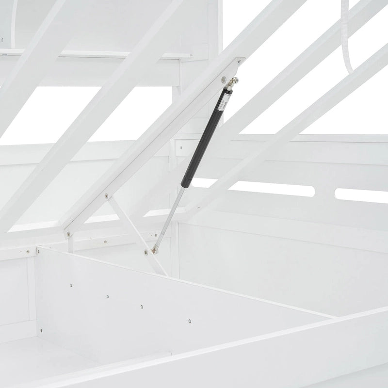 White Wooden Daybed with Hydraulic Lift Storage and Built-In Cabinet Shelf