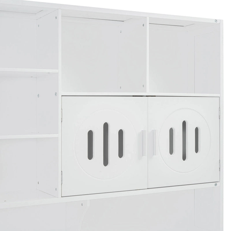White Wooden Daybed with Hydraulic Lift Storage and Built-In Cabinet Shelf
