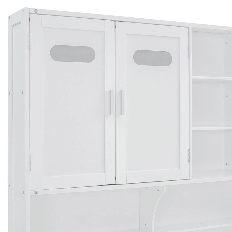 White Wooden Daybed with Hydraulic Lift Storage and Built-In Cabinet Shelf
