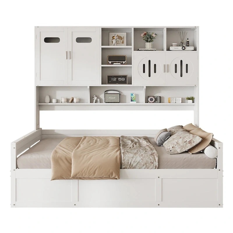 White Wooden Daybed with Hydraulic Lift Storage and Built-In Cabinet Shelf