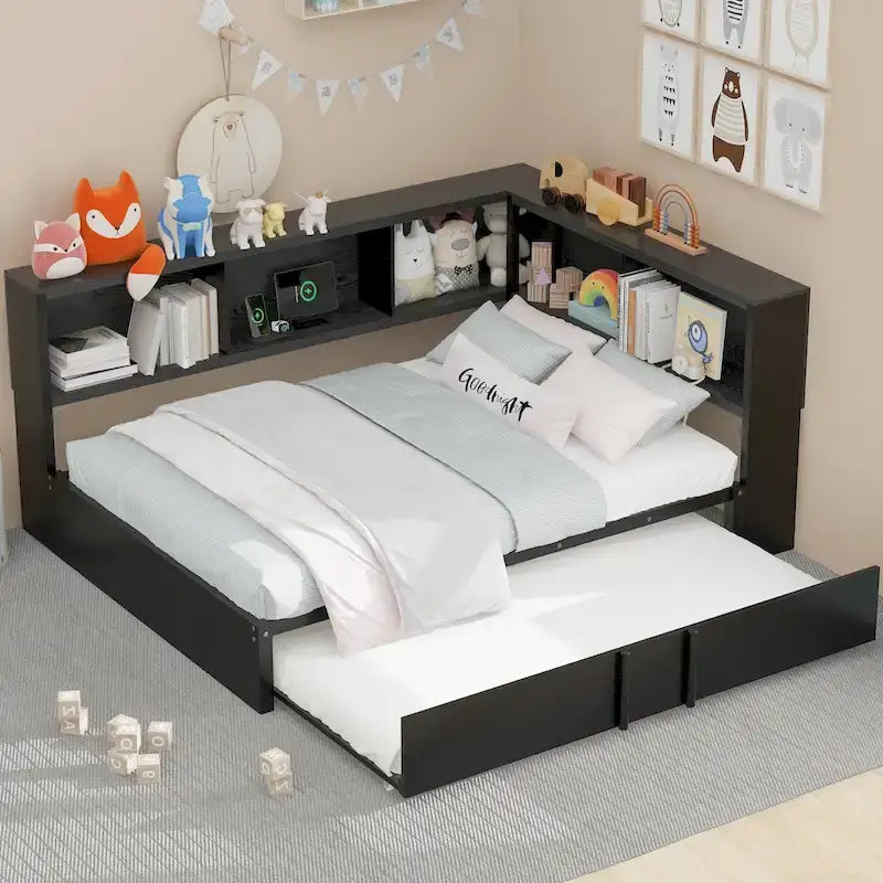 Black Full Size Daybed with Storage Shelves, USB Charging Ports and Pull-Out Trundle