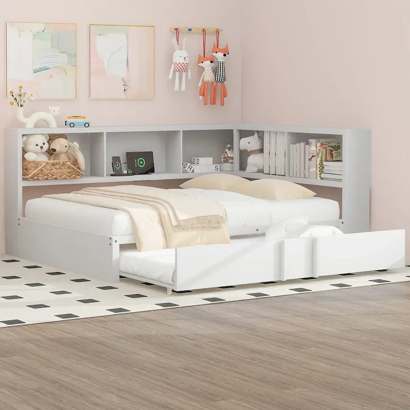 Black Full Size Daybed with Storage Shelves, USB Charging Ports and Pull-Out Trundle