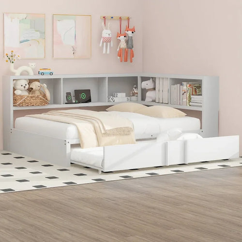 Lit de repos noir pleine grandeur avec étagères de rangement, ports de chargement USB et lit gigogne coulissant.