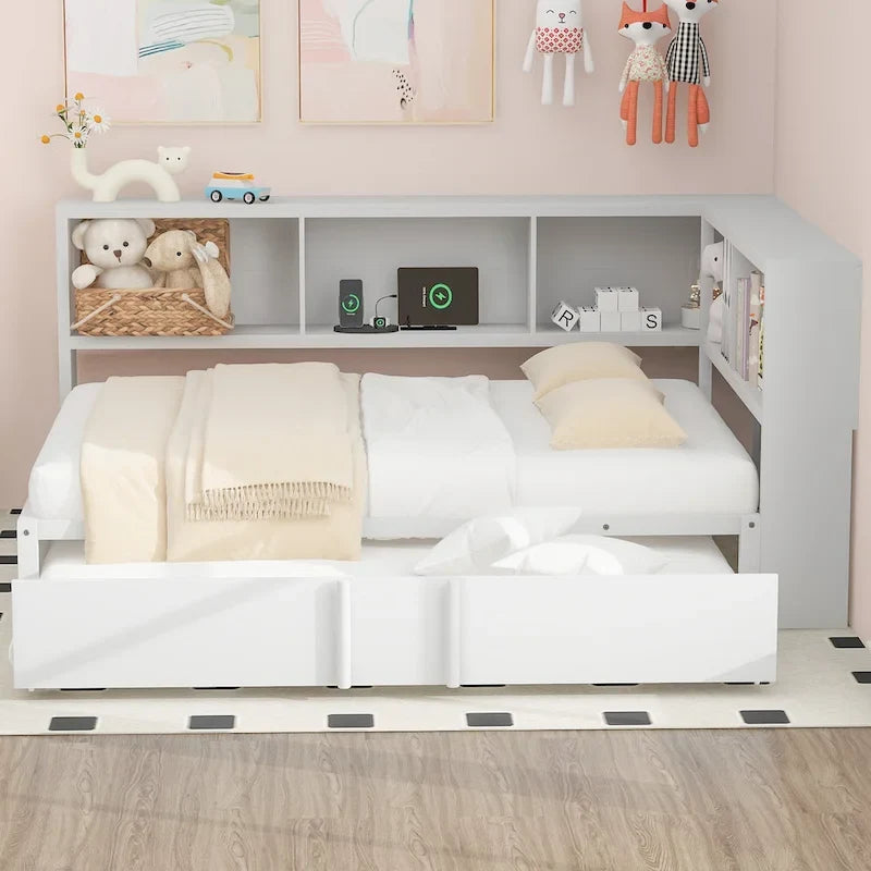 Black Full Size Daybed with Storage Shelves, USB Charging Ports and Pull-Out Trundle