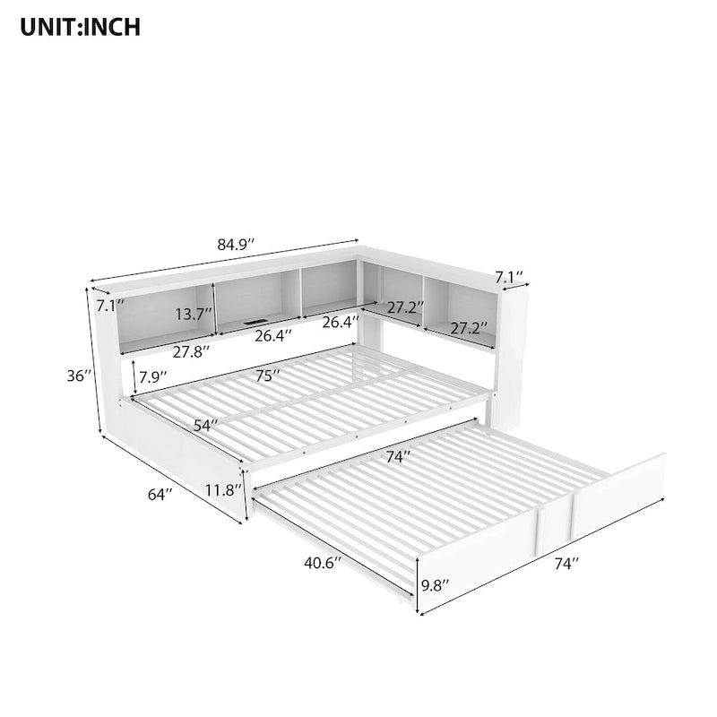Black Full Size Daybed with Storage Shelves, USB Charging Ports and Pull-Out Trundle