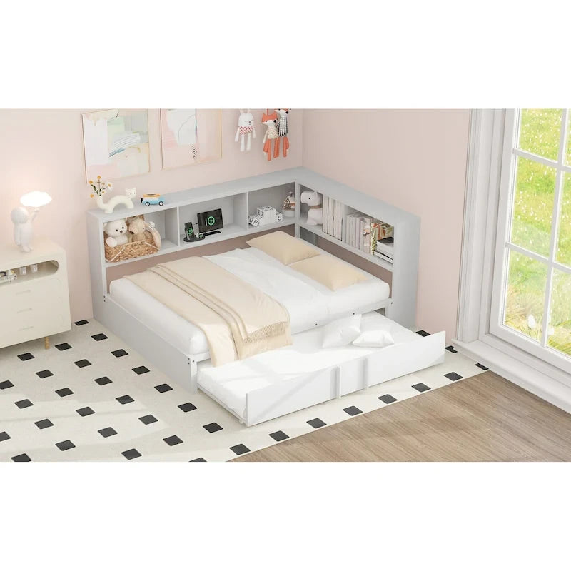 Black Full Size Daybed with Storage Shelves, USB Charging Ports and Pull-Out Trundle