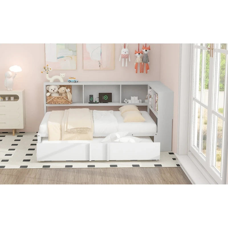 Black Full Size Daybed with Storage Shelves, USB Charging Ports and Pull-Out Trundle