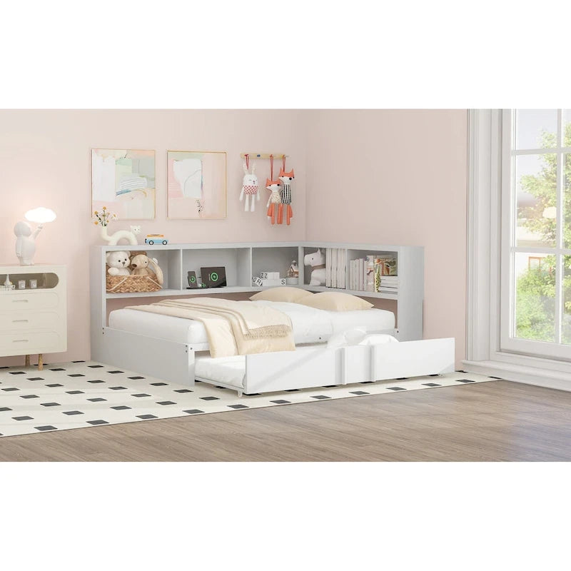 Black Full Size Daybed with Storage Shelves, USB Charging Ports and Pull-Out Trundle