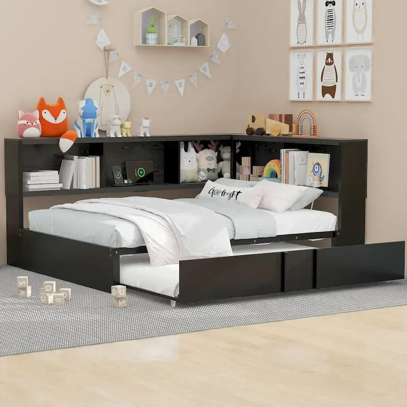 Black Full Size Daybed with Storage Shelves, USB Charging Ports and Pull-Out Trundle