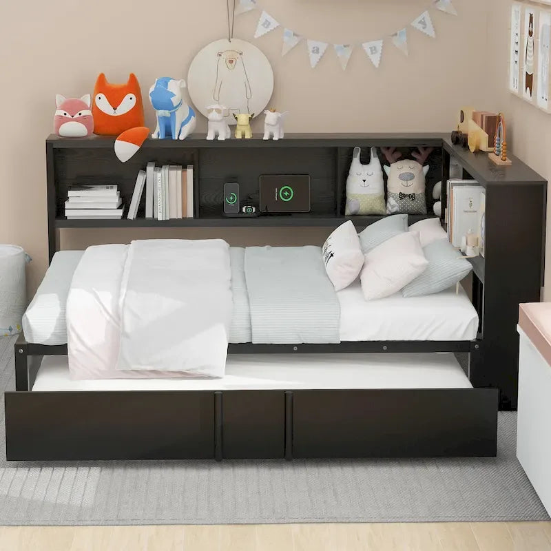 Black Full Size Daybed with Storage Shelves, USB Charging Ports and Pull-Out Trundle