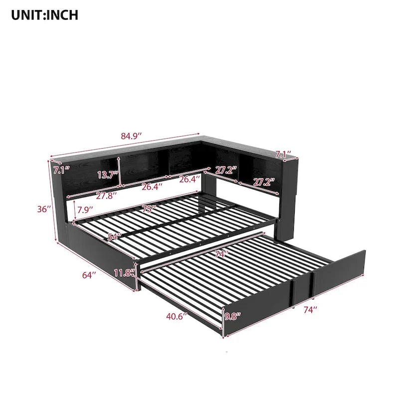 Black Full Size Daybed with Storage Shelves, USB Charging Ports and Pull-Out Trundle