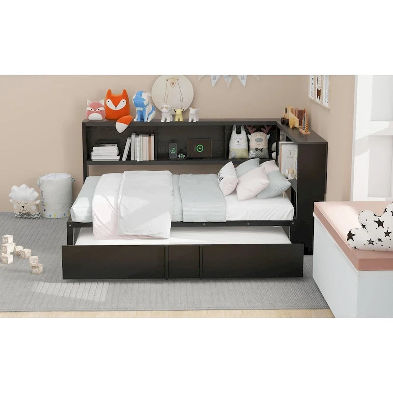 Black Full Size Daybed with Storage Shelves, USB Charging Ports and Pull-Out Trundle
