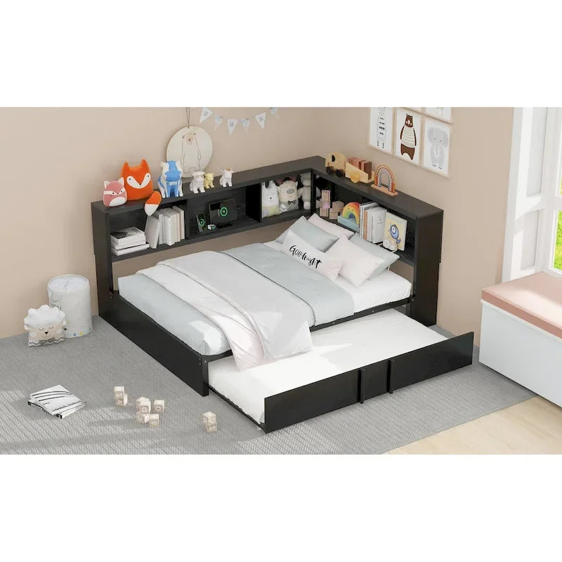 Black Full Size Daybed with Storage Shelves, USB Charging Ports and Pull-Out Trundle