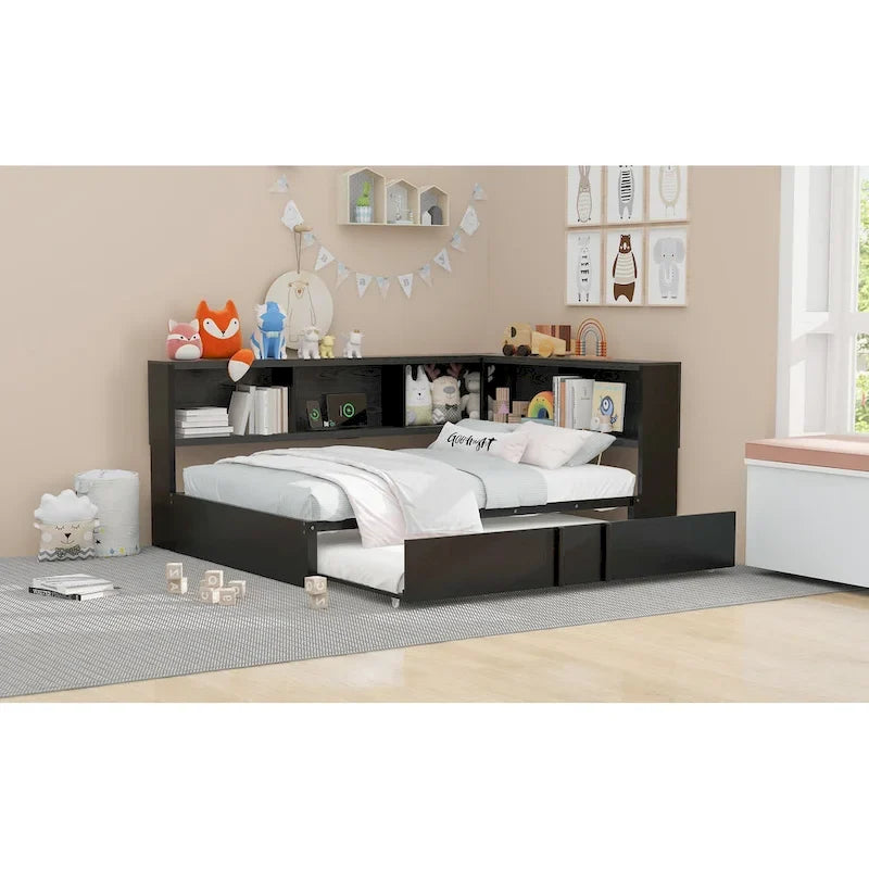 Black Full Size Daybed with Storage Shelves, USB Charging Ports and Pull-Out Trundle
