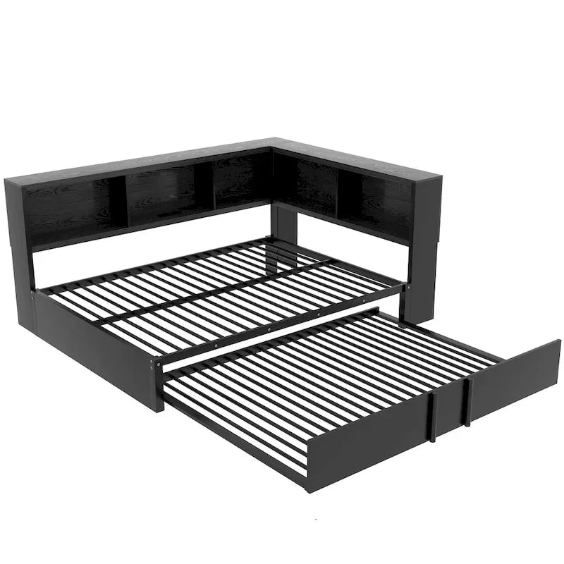 Black Full Size Daybed with Storage Shelves, USB Charging Ports and Pull-Out Trundle