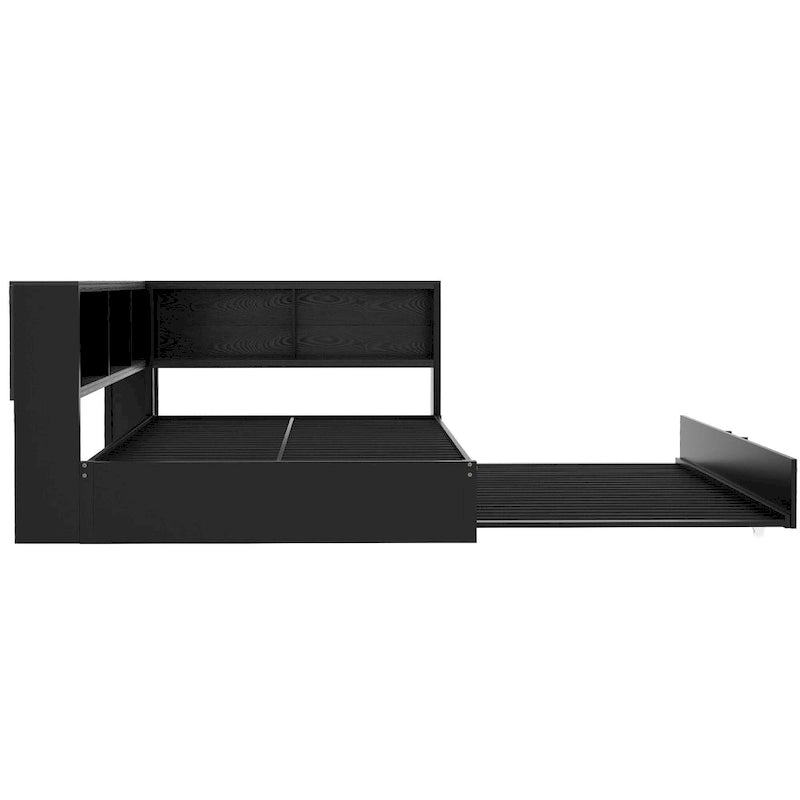 Black Full Size Daybed with Storage Shelves, USB Charging Ports and Pull-Out Trundle