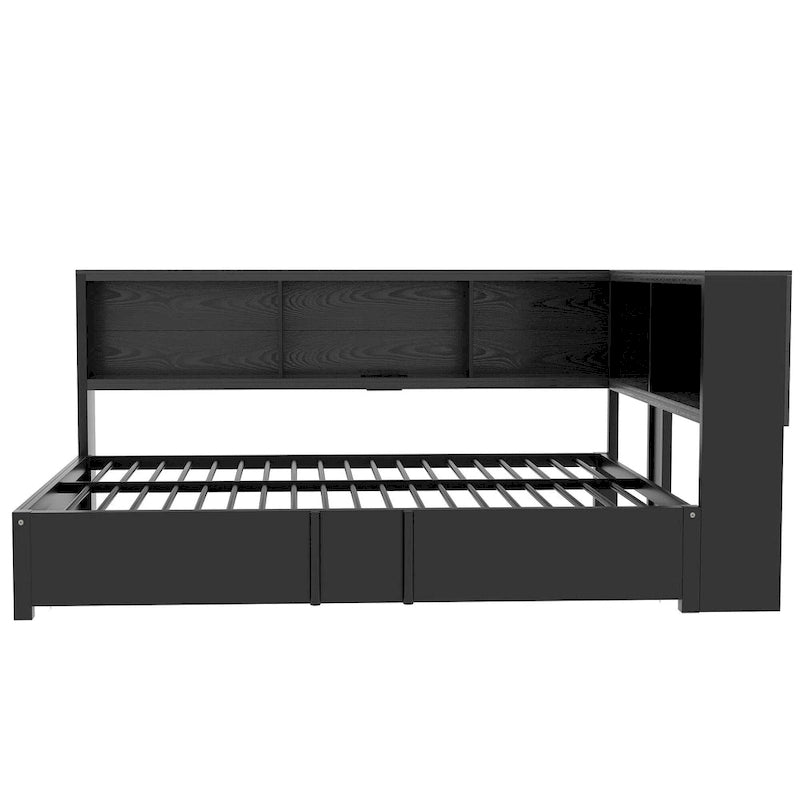 Black Full Size Daybed with Storage Shelves, USB Charging Ports and Pull-Out Trundle