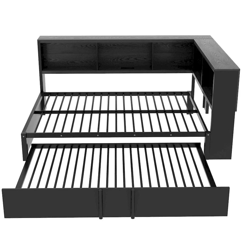 Black Full Size Daybed with Storage Shelves, USB Charging Ports and Pull-Out Trundle