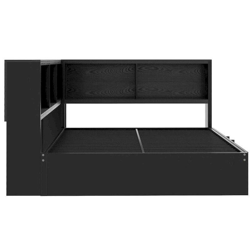 Black Full Size Daybed with Storage Shelves, USB Charging Ports and Pull-Out Trundle