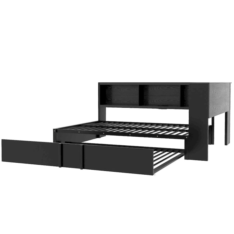 Black Full Size Daybed with Storage Shelves, USB Charging Ports and Pull-Out Trundle