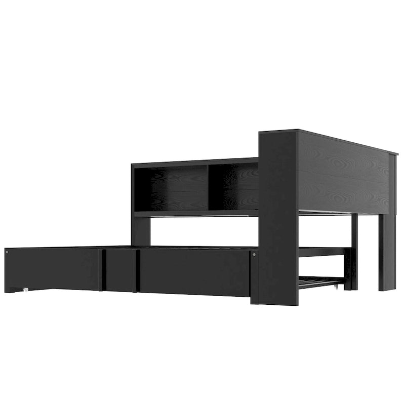 Black Full Size Daybed with Storage Shelves, USB Charging Ports and Pull-Out Trundle