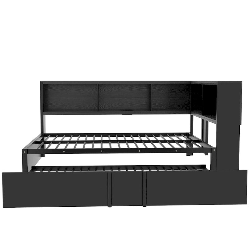 Black Full Size Daybed with Storage Shelves, USB Charging Ports and Pull-Out Trundle