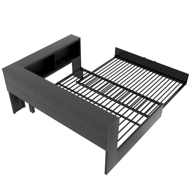 Black Full Size Daybed with Storage Shelves, USB Charging Ports and Pull-Out Trundle
