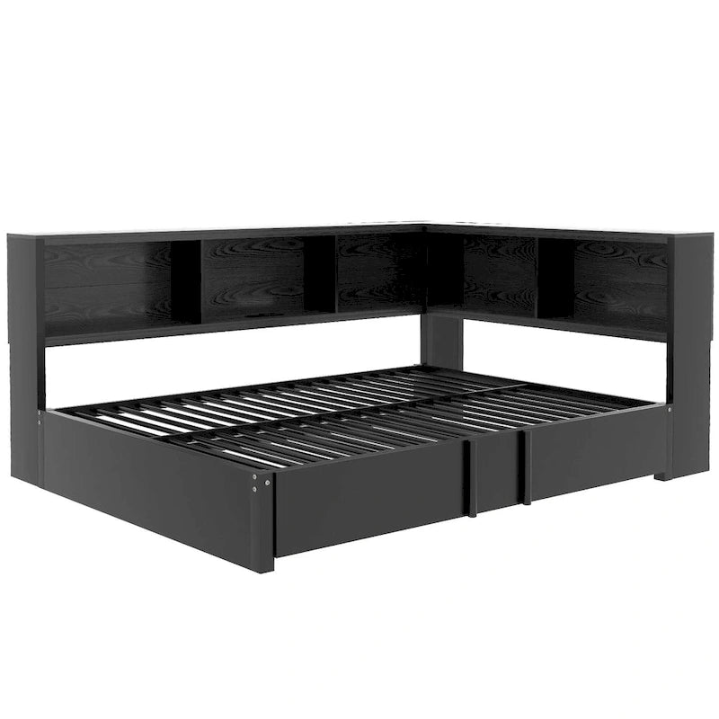 Black Full Size Daybed with Storage Shelves, USB Charging Ports and Pull-Out Trundle