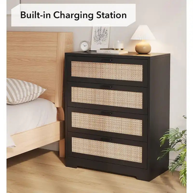 4 Drawer Rattan Wood Dresser Chest with Power Outlet White Natural Black