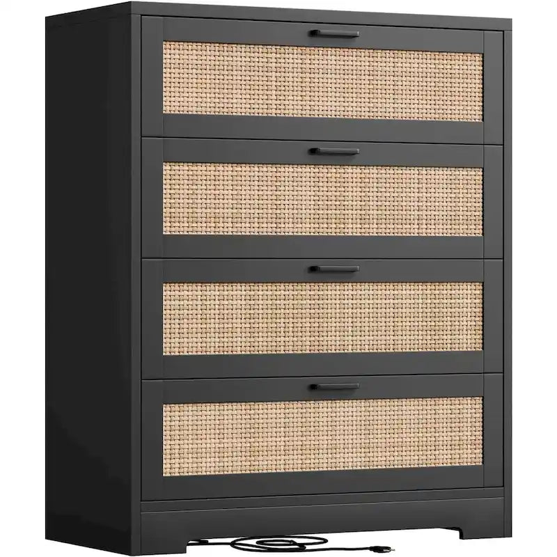 4 Drawer Rattan Wood Dresser Chest with Power Outlet White Natural Black