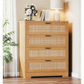 4 Drawer Rattan Wood Dresser Chest with Power Outlet White Natural Black