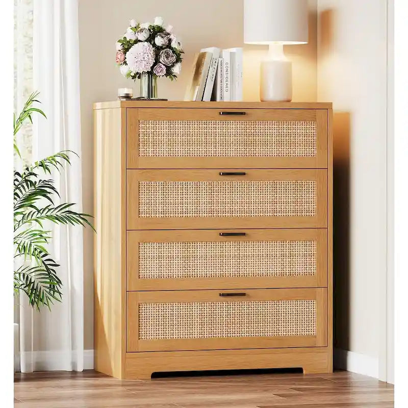 4 Drawer Rattan Wood Dresser Chest with Power Outlet White Natural Black