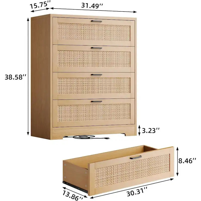 4 Drawer Rattan Wood Dresser Chest with Power Outlet White Natural Black