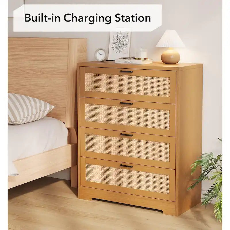 4 Drawer Rattan Wood Dresser Chest with Power Outlet White Natural Black