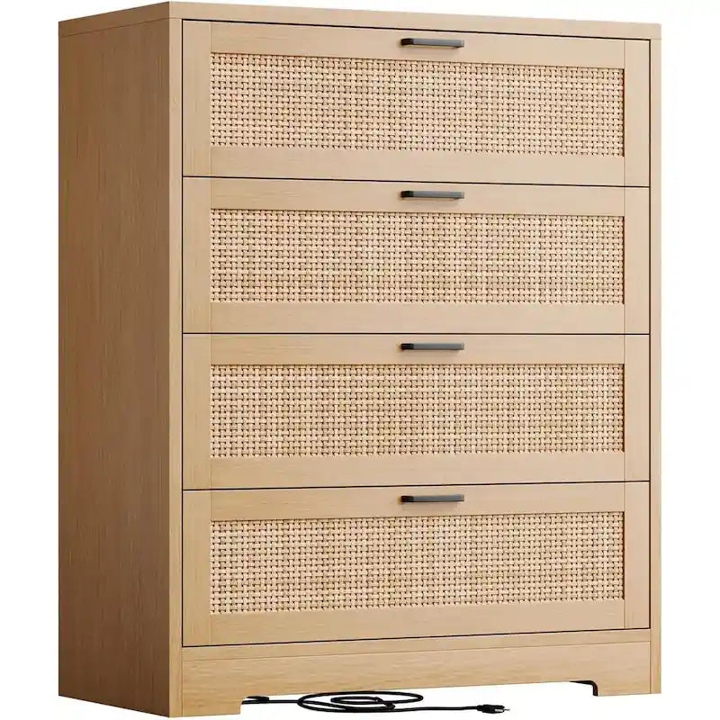 4 Drawer Rattan Wood Dresser Chest with Power Outlet White Natural Black
