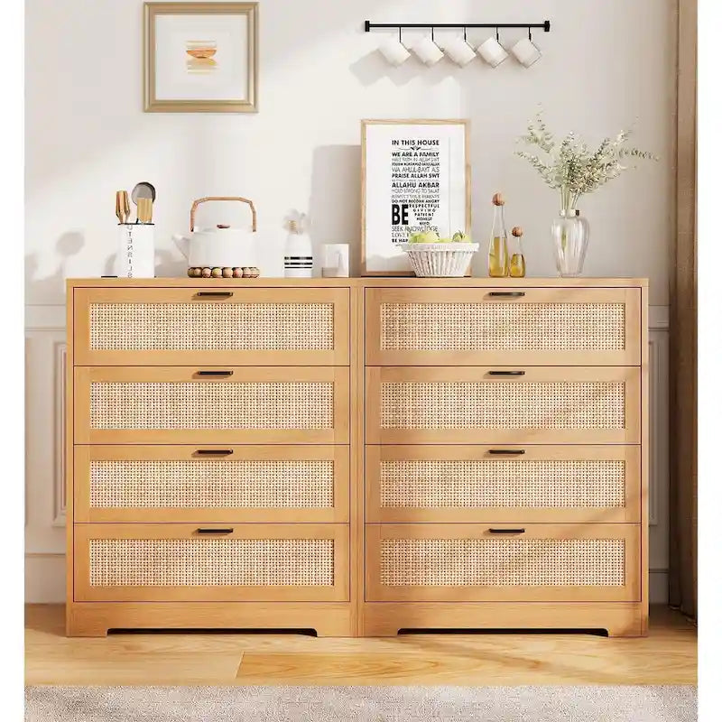 4 Drawer Rattan Wood Dresser Chest with Power Outlet White Natural Black