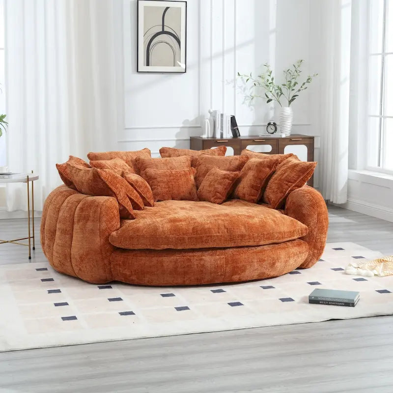 Oversized Round Chenille Sofa Bed with Armrests and Throw Pillows
