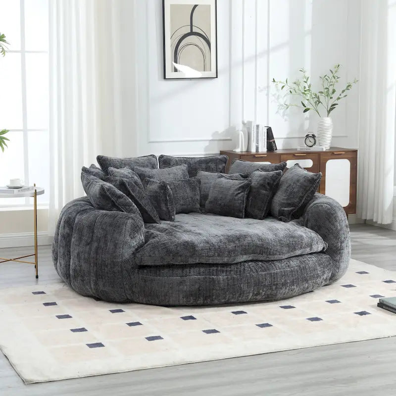 Oversized Round Chenille Sofa Bed with Armrests and Throw Pillows