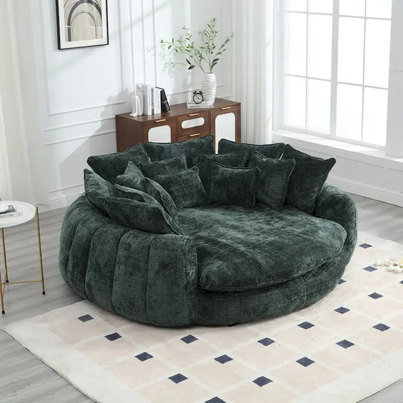 Oversized Round Chenille Sofa Bed with Armrests and Throw Pillows